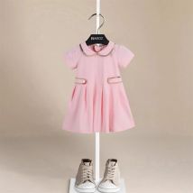 Female Child Clothes Fashion Girls Dresses Birthday Pink School Style Summer Dress Turndown Collar Kids Cotton A-line Skirt