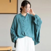 Chinesischen Stil Frauen Langarm Casual Shirt Neue Ankunft 2024 Herbst Vintage Stehkragen Lose Weibliche Grundlagen Tops Shirts M249