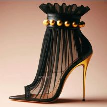 Schwarzes Mesh mit goldenem Nieten, dünnem Absatz, hoher Stiletto-Absatz, Stiefeletten, offene spitze Zehen, Stilettos-Absätze, sexy kurze Stiefel für Damen