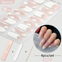 Harunouta 1 Set Flower French Semi Cured Gel Nail Strip with UV Lamp Long Lasting Gel Polish Nail Stickers Waterproof Full Cover