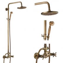 Antique Brass Shower Faucets Set Wall Mount Retro Shower Kit Dual Knobs Mixer Tap Handheld Spray Bathtub Kit