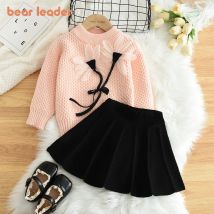 Bär Führer Rot Weihnachten Anzug Winter Gestrickte Pullover 3D Blume Langarm Top + Rock Sets Mädchen Kleidung Neue jahr Kinder Tragen