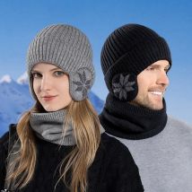 Winter Unisex Schneeflocke Ohren schützer Mützen und Schal Set Innenfutter Plüsch gestrickt warme Abdeckung Kapuze Outdoor wind dichte Kappe
