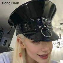 HongLuan Schwarzer Steampunk-Leder-Gothic-Kapitänshut für brennende Männer und Frauen, Rave-Festivals-Accessoires, Halloween-Party-Mütze für Männer