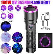 Powerful 365nm UV Flashlight Black Light Black Mirror Purple Light Detection Torch USB C Rechargeable Ultraviolet 26650 Lamp