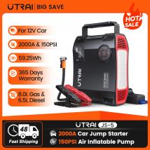 UTRAI 2000A Rozrusznik Samochodowy 4-w-1 z Pompą Powietrza 150PSI, Przenośny Power Bank, Awaryjny Booster do Samochodów 12V, Urządzenie do Rozruchu