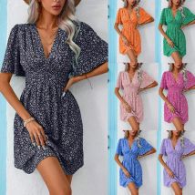 Casual Urlaub Lose Kurze Kleider Für Frauen 2024 Mode Sommer frauen Blumen Druck A-Line Kleid Elegante Vintage Weibliche Kleid