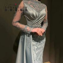 BABYONLINE Maßgeschneidertes muslimisches Abendkleid mit V-Ausschnitt, langen Ärmeln, Satinrock, Kleid für besondere Anlässe, formelle Party-Ballkleidung