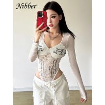 Nibber Lace up Woman Letter Print Bodysuits U Collar Hollow Out Long Sleeves Skinny Mesh Look Slimmer Korean Hottie Outfits