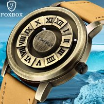 FOXBOX Mode Leder Uhr Männer Kreative Rolling Pointer Design Uhr Männer Casual Business Military männer Quarz Armbanduhren