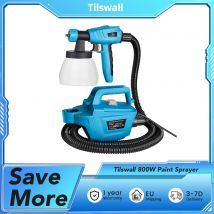 Tilswall 800W Paint Sprayer, Max 1100ml/min Spray Speed, 1300ml Detachable Tank, 3 Nozzles Sizes, 2.5m Air Hose, 3m Power Cable
