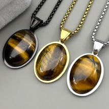 Tigerauge-Stein Ovale Form Kette für Frauen und Mädchen Edelstahl 2026 Trend Damen Eingebetteter Naturstein Schlichte Eleganz Schmuck