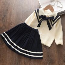 Preppy Style 3-7 Years Girls Knitted Bow Decoration Lapel Sweater and Pleated Skirt 2 Pcs Suit Autumn Winter New