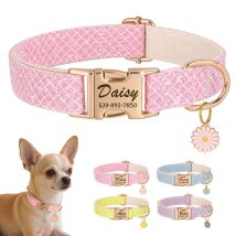 Collare per cani personalizzato in nylon bling Collare per cani con etichetta floreale carina Incisione Nome dell'animale domestico ID Collana con fibbia per cani di piccola taglia Chihuahua