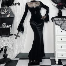 Goth dunkel Herbst Winter Samt Maxi kleider Einkaufs zentrum Gothic Spitze Patchwork Bodycon Kleid Frauen elegante Flare Ärmel Party kleid schlank