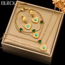 Eilieck 316l Edelstahl Herz grün Zirkon Halskette Armband Ohrringe trendy für Frauen neue Party Geschenk Luxus Schmuck 3-Set