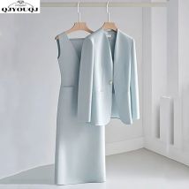 Early autumn new high-end blue casual jacket+fashionable V-neck dress two-piece set