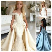Elegant Satin Applique Girl Mermaid Dress With Off Shoulder Design Suitable For Princess Birthdays Wedding Banquets