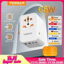 TESSAN 65W GaN Travel Adapter Universal Socket with 2 USB 3 Type C Fast Charging Internaitonal Power Adapter EU/UK/USA/AUS Plug