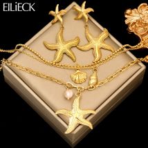 EILIECK 316L Edelstahl Gold Farbe Seestern Anhänger Halskette Ohrringe Für Frauen Mädchen Mode Lichtecht Schmuck Set Geschenk