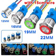12/16/19/22mm Waterproof Metal Push Button Switch LED Light Momentary Latching Car Engine Power Switch 5V 12V 24V 220V Red Blue