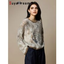 SuyaDream, Woman Mohair Pullovers, Wool Blend Printed Sweaters, Round Collar,  2025 Fall Winter Fashionable Top, Cat Pattern
