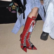 2024 neue Bunte Damen Patent Leder Ritter Stiefel Lace-Up Stilettos Spitz Kniehohe Sexy Mädchen Rote Lange stiefel für Frauen