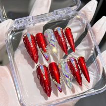 10 Stück Weihnachten handgemachte Wear Nail Luxus Fischschwanz Braut gefälschte Nägel rot festliche Neujahr Nail Art Patches Press On Nails