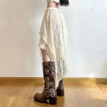 Spitze Lagenrock Vintage Y2K Boho Rock Hose Mode Hohe Taille Asymmetrischer A-Linie Rock 2025, koreanischer Stil Damenbekleidung