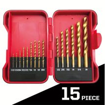 15-teiliges Bits-Set, Schnellarbeitsstahl, Titan-Bohrer, Spiralbohrer, 1/16–3/8 Zoll, für Metall, Stahl, Kunststoff und Holz