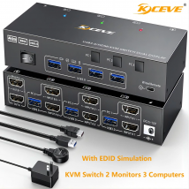 Switch KVM doppio monitor Switch KVM USB 3.0 HDMI 2 monitor 3 computer, emulatore EDID, 4K@60Hz 2K@144Hz con 4 porte USB 3.0