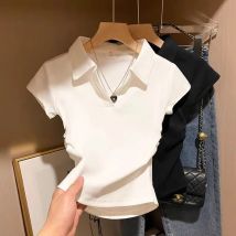Baumwolle Sommer Sexy Damen T-Shirt Skinny Slim Basic Solid Crop Top Kurzarm Polo TShirtCasual Top T-Shirt für Frauen