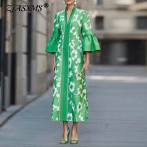 Französischer Stil Blumendruck Elegante Partykleider Frau Sexy V-Ausschnitt Schlankes A-Linie Langes Kleid Herbst Flare Sleeve Urlaub Maxikleid