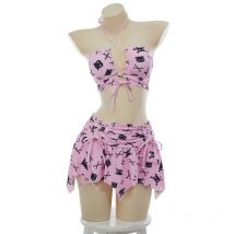 MEOWCOS Damen-Badeanzug mit Katzenmuster, Gothic-Rosa, zweiteiliges Set mit Riemchenoberteil und Rock