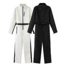 Damski elegancki kombinezon narciarski z polaru na rok 2025, jednoczęściowy, z długim rękawem, wodoodporny, wiatroodporny, patchworkowy kombinezon do jazdy na deskorolce i narciarstwa.