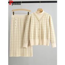 Elegante Plaid Stricken 2 Stück Sets Frauen Hälfte Rollkragen Gestrickte Pullover Tops Conjuntos Koreanische Hohe Taille Knöchel Länge Rock Anzug