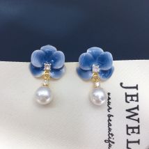 ZHBORUINI 7-7,5 mm Süßwasserperlen-Ohrringe, verträumte blaue Phalaenopsis-elegante Blumen-Ohrringe, Vintage-Modeschmuck, romantisch
