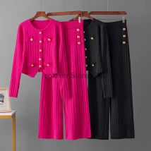 Spring Pink Women's 2 Piece Outfits Long Sleeve Knit Buttons Sweater Top Wide Leg Pants Lounge Sets Tracksuits Casual 2pcs Sets