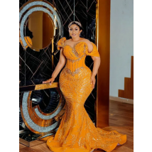 Maßgeschneidertes afrikanisches orangefarbenes Meerjungfrau-Abendkleid in Übergröße, Perlen-Glitzer-Damen-Partykleid, geeignet für schwarze Mädchen 2024