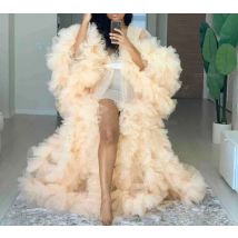 Sweet Girl Vintage Tulle Robe Perspective Sheer Tulle See Through Long Pink Dressing Gowns Fluffy Maternity Dress Photoshoot
