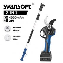 Cesoie da potatura a batteria 2 in 1 e kit combinato con asta telescopica, potatrice elettrica 8605Pro con batterie 2×4Ah, portata lunga 1,9 m