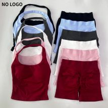 Conjunto de gimnasio de 2 piezas sin logotipo para mujer, Tops con cuello Halter y espalda descubierta, pantalones cortos sin costuras de cintura alta, traje de gimnasio, ropa deportiva, conjuntos de