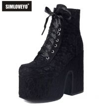 SIMLOVEYO Luxus-Damen-Stiefeletten, runde Zehen, Blockabsatz, 14 cm, Plattform, Hügel, 7 cm, Schnürung, gemischte Farben, große Größe 42 43 Straßenbooties
