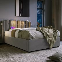 KOMHTOM Letto imbottito letto singolo con luce lettura e funzione di ricarica, struttura letto in velluto, letto giovanile 90x200, Grigio (senza materasso)