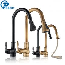 POIQIHY Antiker Messing-Küchenarmatur, herausziehbarer Badezimmer-Küchenmischer, Einhebelmischer, herunterziehbarer Kalt- und Warmwasserhahn, Deckmontage