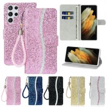 Wallet Flashing Powder Flip Leather Case For Samsung Galaxy S25 Edge S24 Ultra S23 Plus S22 S20 FE A16 A17 A26 A35 A36 A55 A56