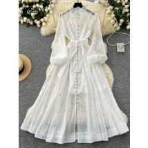 Luxury Women's rhinestone long shirt dress for women 2025 Spring summer Beading Lantern sleeve maxi dresses with sashes 4D162