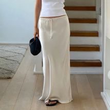 New In 2025 Women's Spring Summer Solid Color Satin Long Skirt High Waist Lace-up Trendy Elegant Faldas Female Beach Maxi Skirts