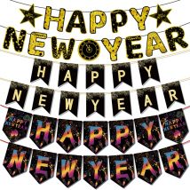 2025, frohes neues Jahr, schwarzes Gold-Papier-Banner-Schild, Silvester, Party, Wimpelkette, Hintergrund, Weihnachtsgirlande, Heimdekoration, Zubehör