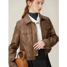 Fsle pu Leder Frauen Frühling kurze braune Jacken Turn-Down-Kragen Reiß verschluss Knopfleiste weiblich beige grau pu Mäntel 24 fs11081